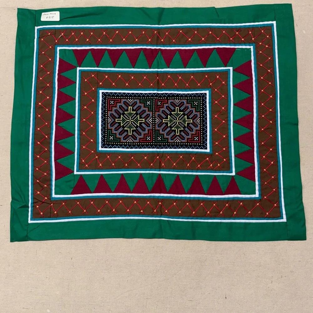 Hmong Paj Ntaub Hand Embroidered Textile Art Story Cloth Green Burgundy 23x18